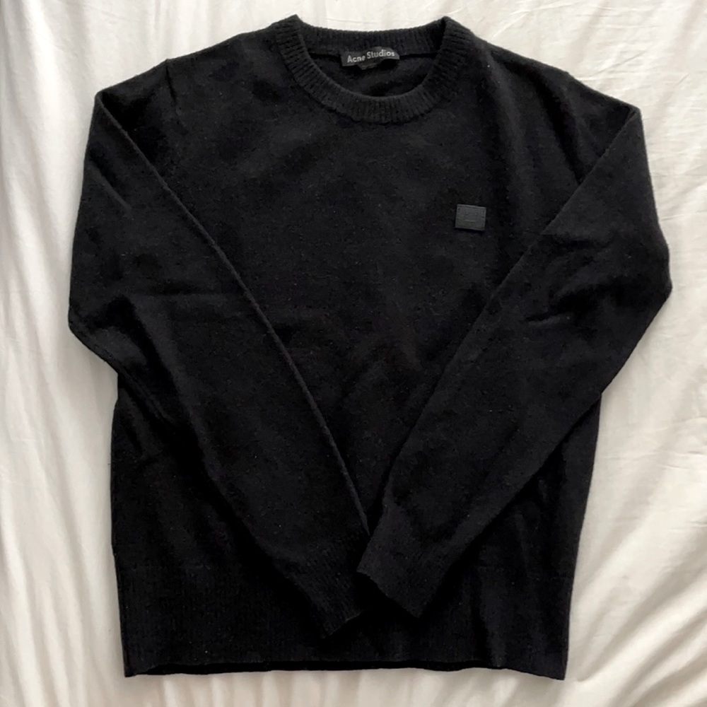 Acne black wool crew neck sweater with face patch!